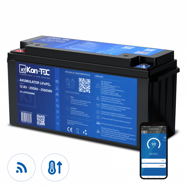 Akumulator LiFePO4 12V (12,8V) 200Ah Kon-TEC Maty grzewcze komunikacja bezprzewodowa 12000 cykli